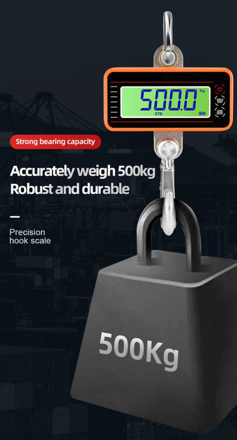 Digital Crane Scale With 3300 Lbs Capacity Heavy Duty Weighing Tool showing 500kg display and strong hook attachment.