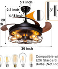 Retractable Blades Ceiling Fan With Lights And Remote Dope Rustic Industrial Style For Farmhouse Patio Kitchen Bedroom Living Room 36 Inch Black 6 Speed Settings Remote Control Timer 1 2 4 Hours with bulb compatibility details