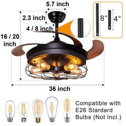 Retractable Blades Ceiling Fan With Lights And Remote Dope Rustic Industrial Style For Farmhouse Patio Kitchen Bedroom Living Room 36 Inch Black 6 Speed Settings Remote Control Timer 1 2 4 Hours with bulb compatibility details