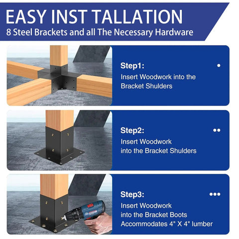 Beefy Black Pergola Bracket Kit 4 Pack T Shaped For 3.5x3.5 Inch Wood Beams With Screws Outdoor Gazebo And Party Bracket Set 3 Way Base Heavy Duty All Weather Hardware
