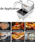 Heavy Duty 550W Commercial Mobile Fryer Filter Machine With 65L Stainless Steel Oil Filtration System shown with dimensions and applications.