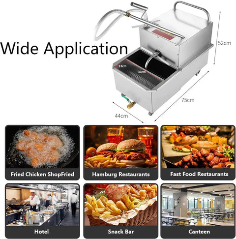 Heavy Duty 550W Commercial Mobile Fryer Filter Machine With 65L Stainless Steel Oil Filtration System shown with dimensions and applications.