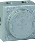 Killark GRSS-3 iron explosion-proof junction box, gray metal with seven 1-in. hubs (front view).