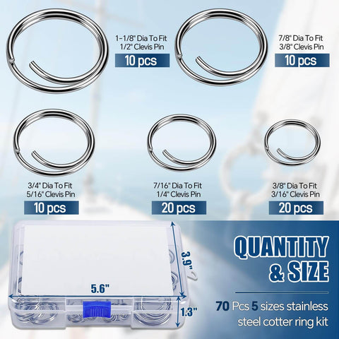 70 Piece Stainless Steel Cotter Ring Kit With Five Sizes For Marine Use displayed with labeled sizes in a clear storage box.