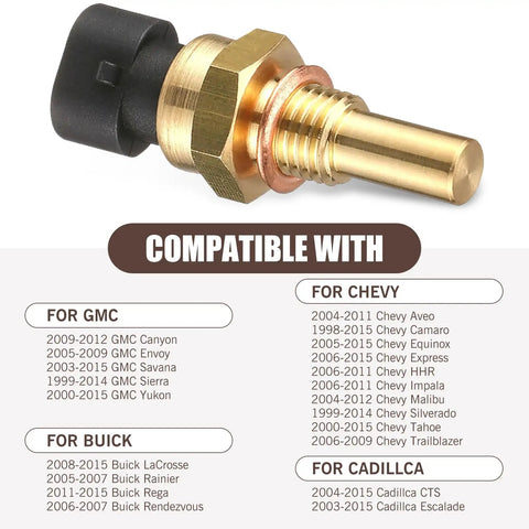 Engine Coolant Temperature Sensor For Delphi III Brass Body Water Temperature Sensor With High Temperature Resistance OEM Numbers 15404280 12191170 60811520 12608814 Durable Plastic Alloy Sensor For Auto Engine Cooling System displayed beside vehicle compatibility list.