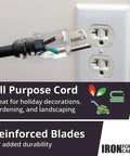 Heavy Duty Outdoor Extension Cord 12 Gauge 10 Ft With Lighted End, SJTOW Three Conductor 3 Prong, Oil Resistant And Flame Retardant shown plugged into wall outlet