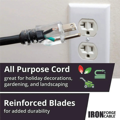 Plug of Built Tough Outdoor Extension Cord 50 Ft 12 Gauge 3 Wire SJTOW Heavy Duty near outlet, reinforced blades visible.