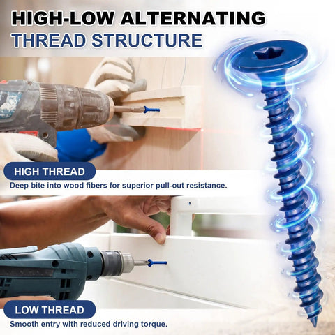 Heavy Duty Blue Ceramic Wood Screws For Backer Board And Cement Tile, A Hella Solid 1000 Pack Of 1-5/8 Inch Fasteners in use, showcasing thread structure.