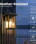 Large 14 Inch Outdoor Wall Lantern With Wood Grain Finish And Clear Glass Anti Rust Exterior Sconce, lit in rainy weather.