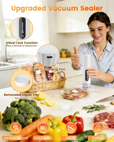 Portable Vacuum Sealer For Food With 80kPa Suction And Lock Function Includes 30 Reusable Bags Compact handheld with food prep.