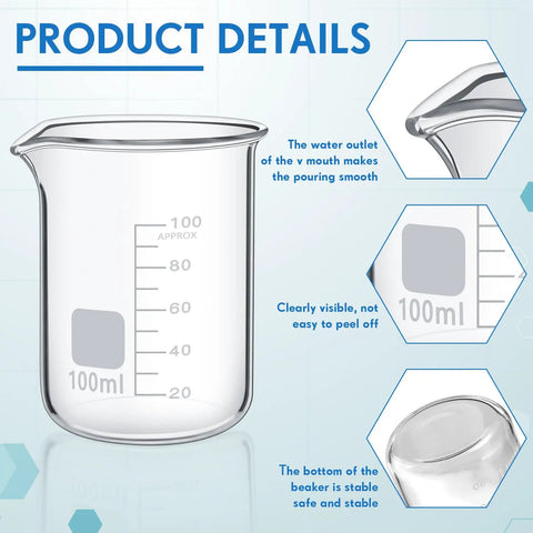 20 Pack 100 mL Glass Beaker Set Heavy Duty Lab Beakers With Printed Graduation For Lab Classrooms Or Home Use High Borosilicate Glass Durable Thick Wall And Clear Graduation Markings Bulk 20 Pieces showing product details