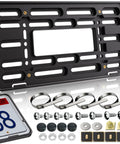 Front License Plate Holder Bracket Upgraded Black Universal ABS Mounting Kit Frame With Raised Edge And Screws Displayed