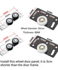 Triple Track Sliding Door Hardware Kit With Heavy Duty Aluminum Rails, roller wheel and panel measurements in black.