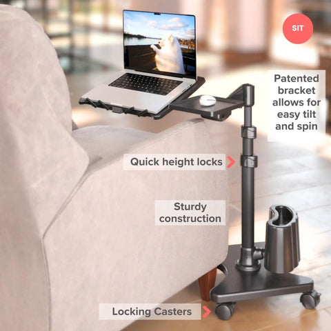 G2 Deluxe Adjustable Laptop Stand with Rolling Computer Desk for Bed or Sofa, ergonomic tilt table in charcoal and black use