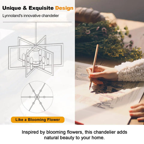 Height Adjustable Matte Black Chandelier Six Light 25 Inch Modern Industrial Dining Room Pendant Light illustration with floral design inspiration.