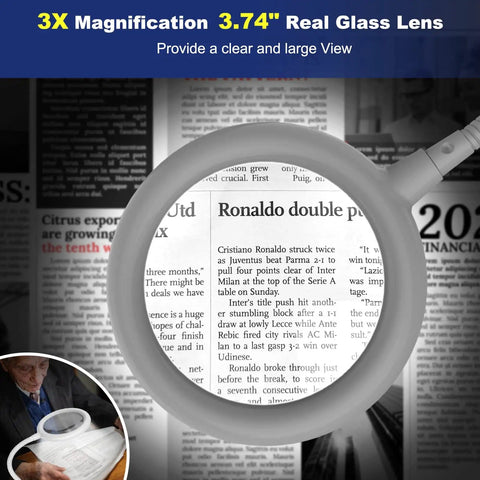 Magnifying Glass With Light And Stand 3X Magnifier Lens With Clamp Desk Magnifying Lamp in use for reading text