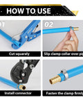 Foskan PEX brass crimp fittings how-to guide with blue tubing and crimp tool; cut squarely, slip clamp, install connector, fasten clamp.