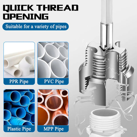 Integrated Three Piece Pipe Threading Tool Set for PVC pipes showing threading die and various pipe types