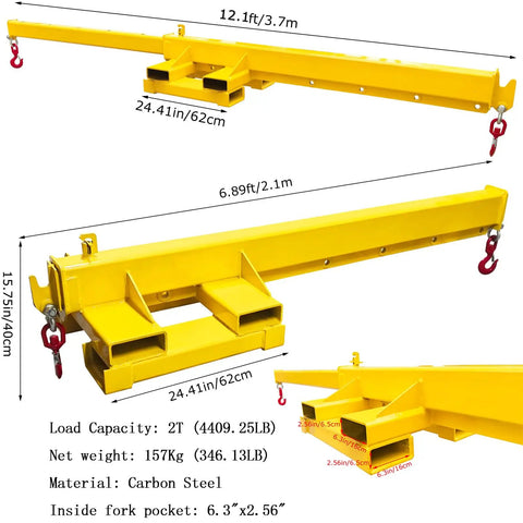 Heavy Duty Bidirectional Forklift Telescopic Boom And Adjustable Mobile Crane Hoist built tough from strong carbon steel, 12.1ft long.