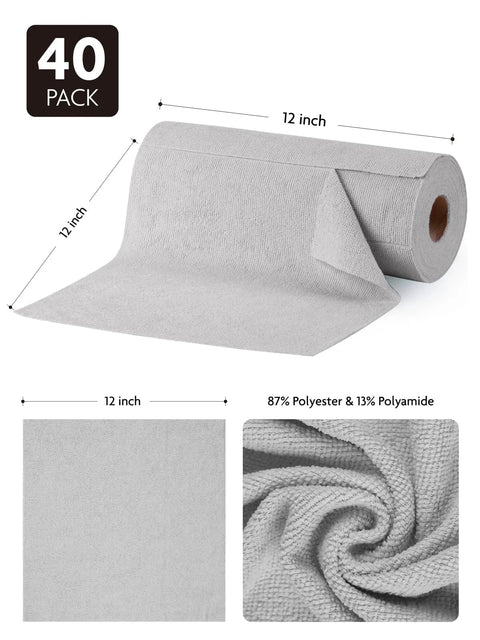 Front view of Fantasticlean grey microfiber towel roll, 12x12 inch towels, 40-pack.
Close-up of grey microfiber fabric texture with tight weave.
12-inch square swatch of grey microfiber cloth for all-purpose cleaning.
