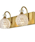 Two Light Brushed Gold Vanity Light Fixtures For Bathroom Over Mirror With Crystal Orb Shades on brass base