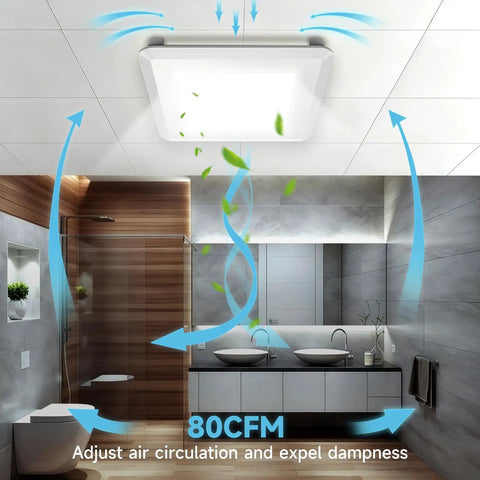 Butter Smooth 80 Cfm Bathroom Exhaust Fan With Bright Led Light And Five Dialable Warmth Levels, ceiling mount in modern bathroom.