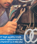 Mechanic installing BMW M16 Oil Drain Plug Gasket Kit on motorcycle engine, close-up of crush washers, Part# 07 11 9 963 252