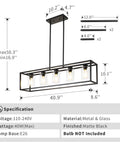 Diagram of Five Light Farmhouse Kitchen Pendant Light In Black Industrial Rectangular Frame dimensions and specs