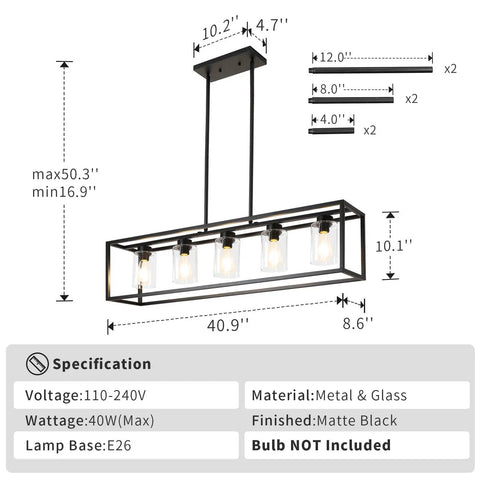Diagram of Five Light Farmhouse Kitchen Pendant Light In Black Industrial Rectangular Frame dimensions and specs