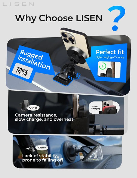 Close-up of the 15W MagSafe Car Mount Charger With Magnetic Wireless Phone Holder showing rugged installation and perfect fit features.