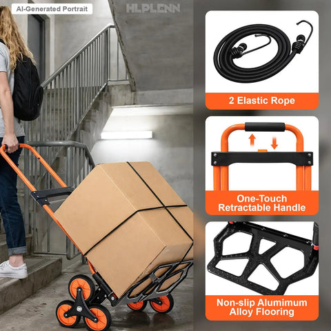 Heavy Duty Stair Climbing Hand Truck With Quick Fold Frame And Smooth Rolling Wheels For Zero Stress Moving No Sweat 300 Lb Cargo Hauler carrying a large cardboard box up stairs.