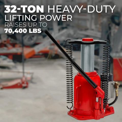 32 Ton Hydraulic Bottle Jack With Air-Operated Lift, red heavy duty steel build, manual hydraulic jack with handle