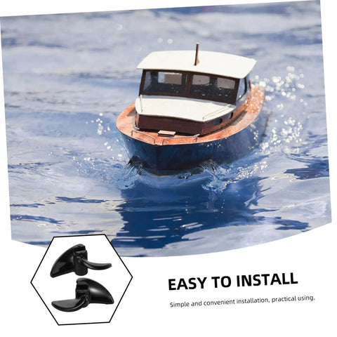 RC boat on water showcasing Power-Packed 2-Pack CNC Machined RC Boat Propellers For Forward And Reverse Motion Semisubmerged Design