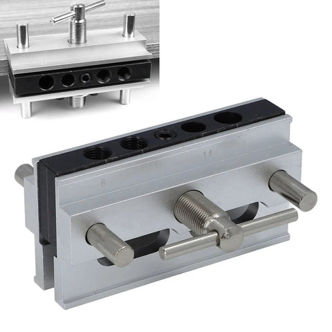 Self Centering Dowel Jig Kit With Six Tungsten Bushings For Slick Straight Bore Alignment heavy duty aluminum drilling guide close-up.