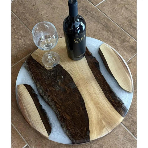 18 Inch Turntable Lazy Susan In Snazzy Walnut With Translucent White Epoxy Rivers displaying wine bottle and glass on top
