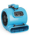 Heavy Duty Air Mover And Floor Drying Fan With Three Speed Controls And Five Angle Adjustments Built Like A Tank To Beat The Clock On Carpet Restoration Projects While Pumping Out A Massive Four Thousand CFM High Velocity Blast Straight Up Guaranteed. Blue industrial fan with control panel for airspeed and angle adjustments.