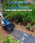 Cordless Garden Tiller 20V No Cord Hassle With 8.6 Inch Cultivator Head showing depth and width for easy deep cultivation.