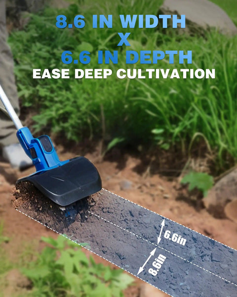 Cordless Garden Tiller 20V No Cord Hassle With 8.6 Inch Cultivator Head showing depth and width for easy deep cultivation.