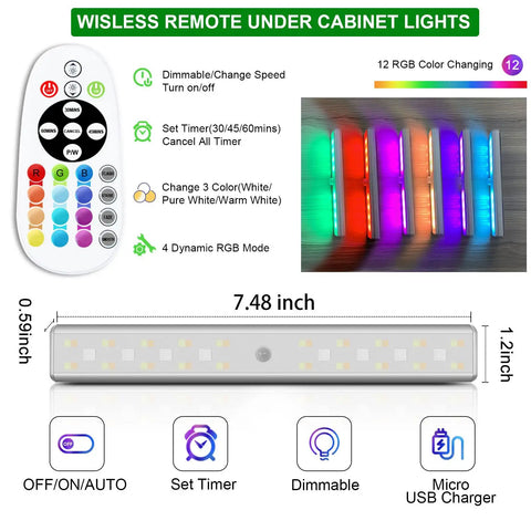 Under Cabinet Lighting 48 LED Wireless Rechargeable Light Bar With Remote, 15 Color Changing RGB And Dimmable White Modes, No Wiring Needed, Perfect For Kitchen Counter, Closet, Hallway, Display Shelf, And Stairs