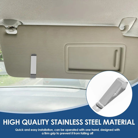 Stainless Steel Garage Door Opener Clip For Visor 10 Pack shown attached to car visor, suitable for LiftMaster Sears Chamberlain Craftsman.