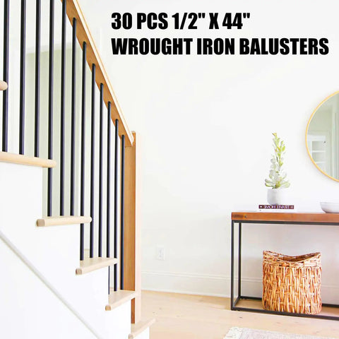 Top Shelf 30 Pack Of 44 Inch Wrought Iron Balusters With Badass Satin Black Finish installed in modern staircase.