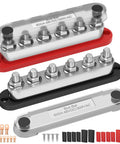 Heavy Duty Power Distribution Bus Bar Pair With Six M10 Studs And Twelve Lugs For Serious Juice Handling In Off Grid Solar Arrays And Ev Conversions Using 12 24 Or 48 Volt Compatibility Plus Rock Solid Copper Build For No Sweat Thermal Control, showing complete assembly with red and black bases.