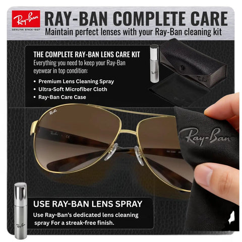 RB3386 Pilot Shape Non Polarized Sunglasses For Men With Brown Gradient Lenses And Official Eyewear Kit, accessories displayed.