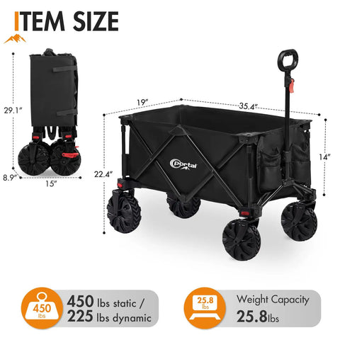 Heavy Duty Folding Wagon Cart With All Terrain Wheels For Beach And Sand Camping Garden And Grocery Trips shown folded and open