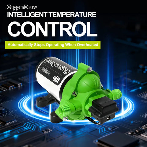 110V AC Self Priming Diaphragm Water Pump 4.0 GPM 50 PSI Featuring Smart Pressure Switch And Overheat Cutout shown on circuit board.