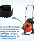 Bulletproof Heavy Duty Root Saw Plug Buster for Standard 5/8 To 3/4 Inch Drain Auger Cables showcasing cutter head and machine.