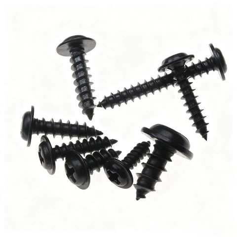 Close-up of 340 Piece Black Zinc Plated Self-Tapping Screw Set M3 To M4.8 For Metal Plastic And Wood with flat heads.