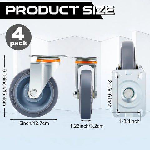 Five Inch Rubber Caster Wheels With Two Swivel And Two Rigid Rollers Non Marking Silent Drive Built Tough Heavy Duty Rigging For Smooth Cruising Upgrades And Top Shelf Reliability Daily, product dimensions showing wheel size and mounting base.