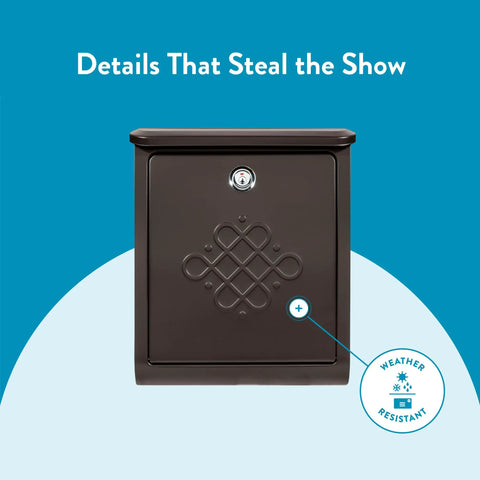 Locking Wall-Mounted Mailbox In Rubbed Bronze, Galvanized Steel Outdoor Mailbox With Secure Drop Box, Decorative Embossed Design