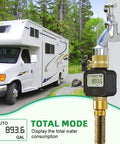 Solid Brass Flow Meter With Real Time Flow Rate Last Time Water Volume Gallons And Liters Average Daily Flow And Total Flow Built Tough For RV Tanks Garden Hoses Lawn Sprinklers And Nozzle Sprayers on RV water hookup
